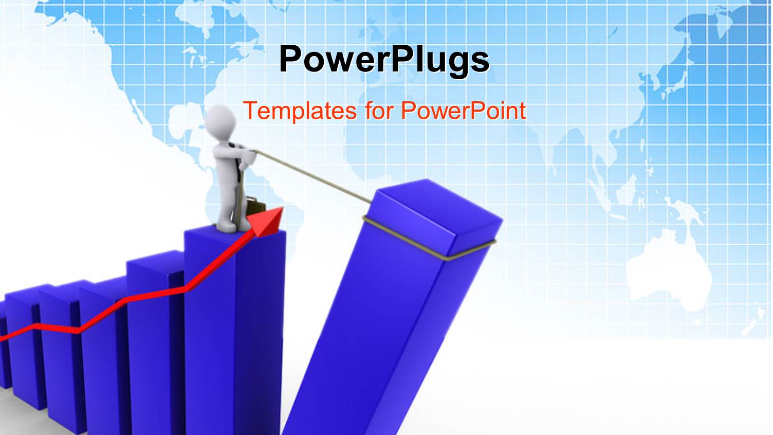 Businessman Pulling Up the Last Bar of Blue Chart with Red Arrow Pointing Upwards, Blue World Map