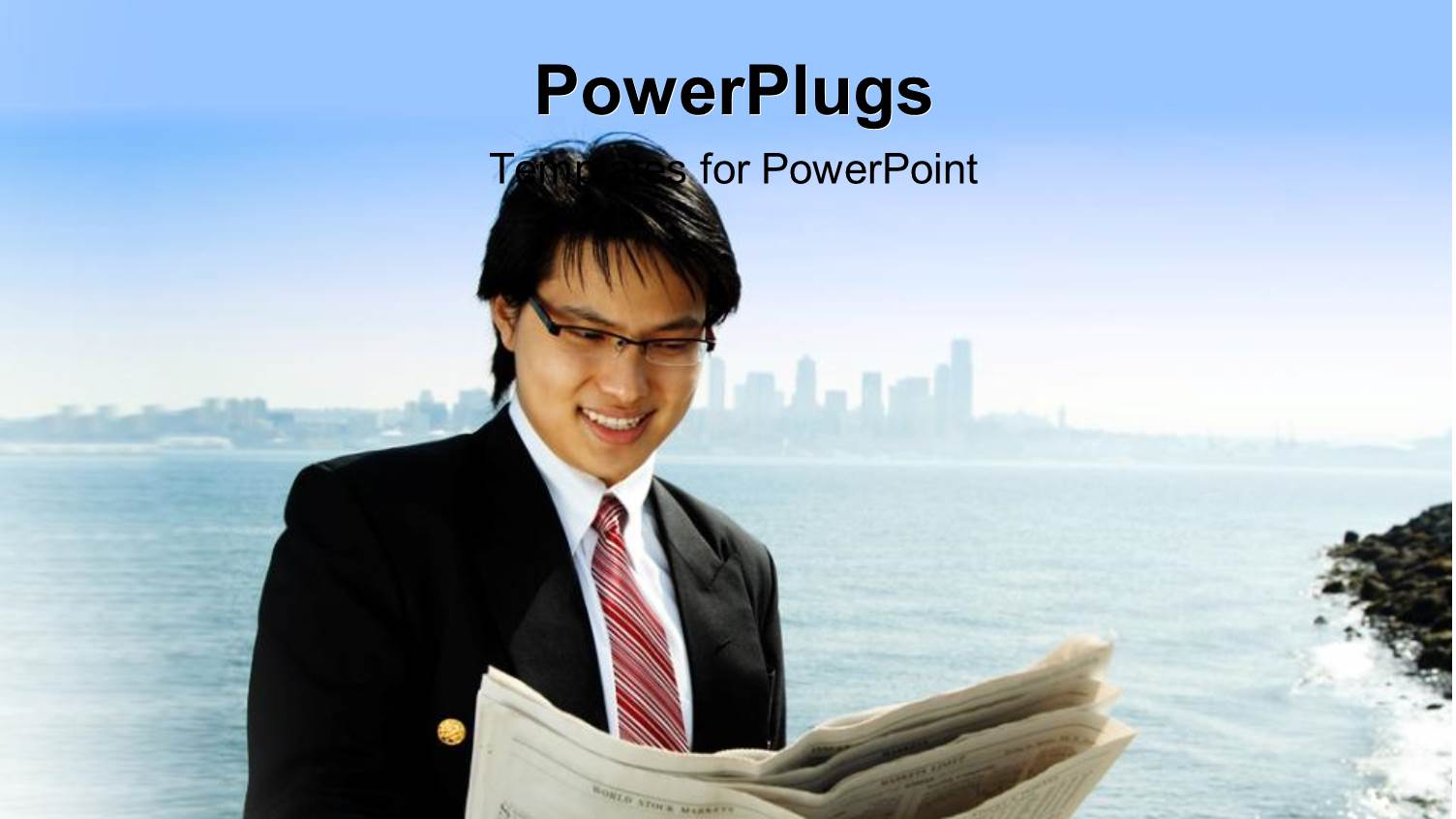 Businessman Reading a Financial Newspaper on the Beach with Blur Skyscrapers