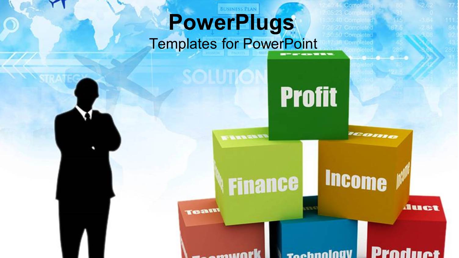 Businessman Stand with Colored Boxes Labelled with Business Related Terms