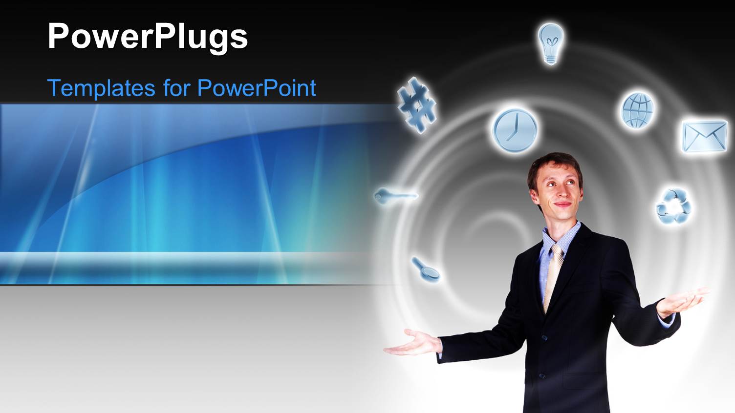 Businessman in a Suit Surrounded with Business Symbols, Blue Grey Background