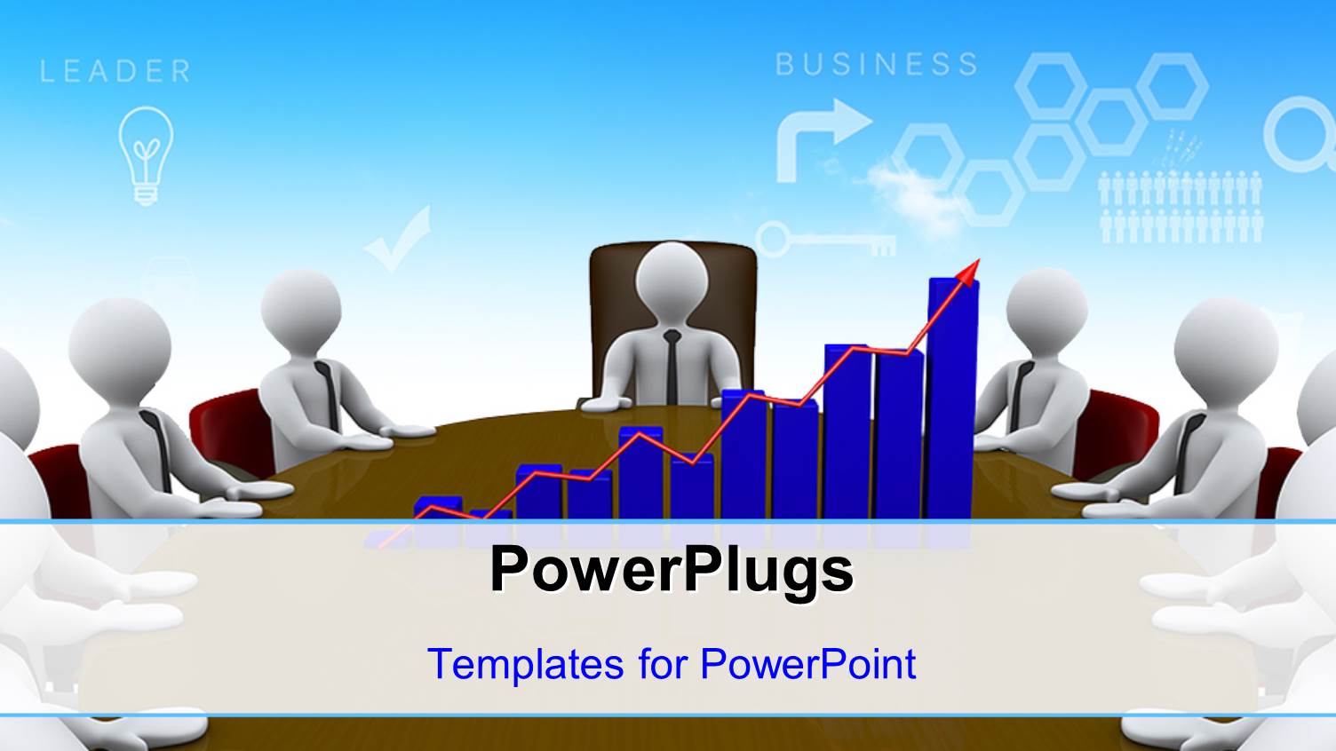 some White Colored 3D Characters Sitting Round  Table and a Bar Chart