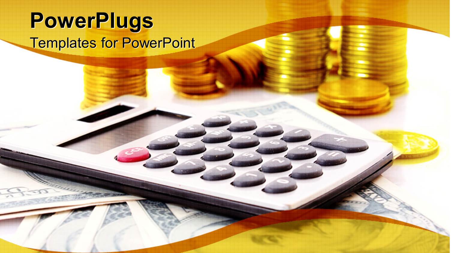 Calculator on Dollar Notes with Stacks of Gold Coins