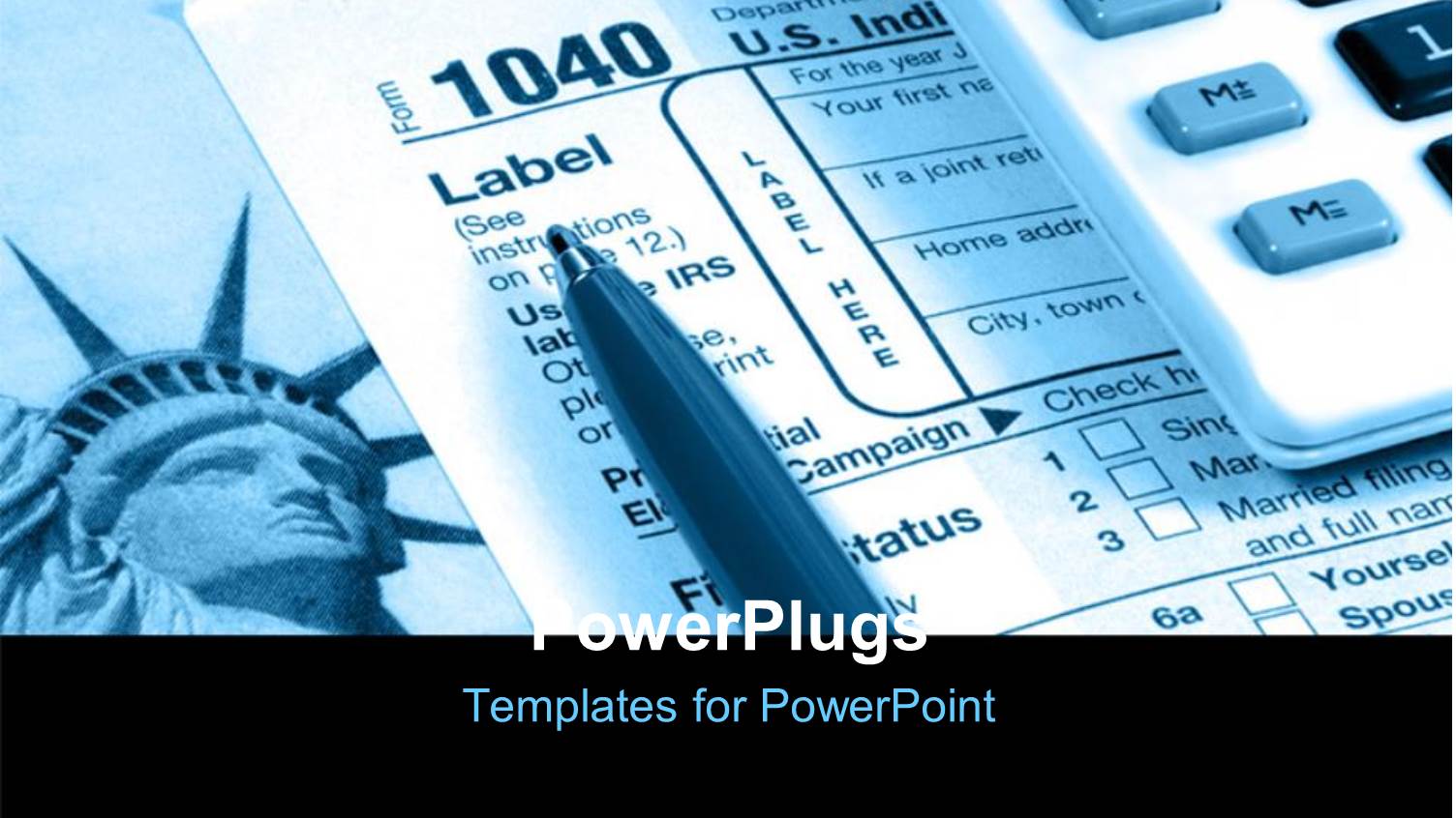 Calculator and Pen Over Tax Document with Statue of Liberty in Background 