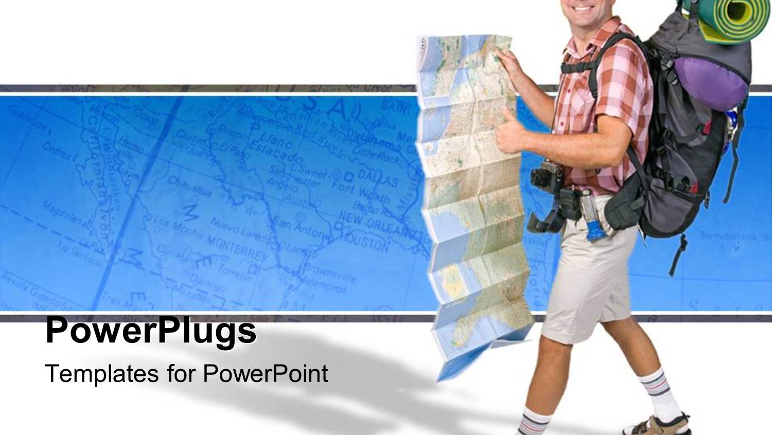 Campaign Gear with a Hiker Happy Camper Travel World Map White and Blue Background