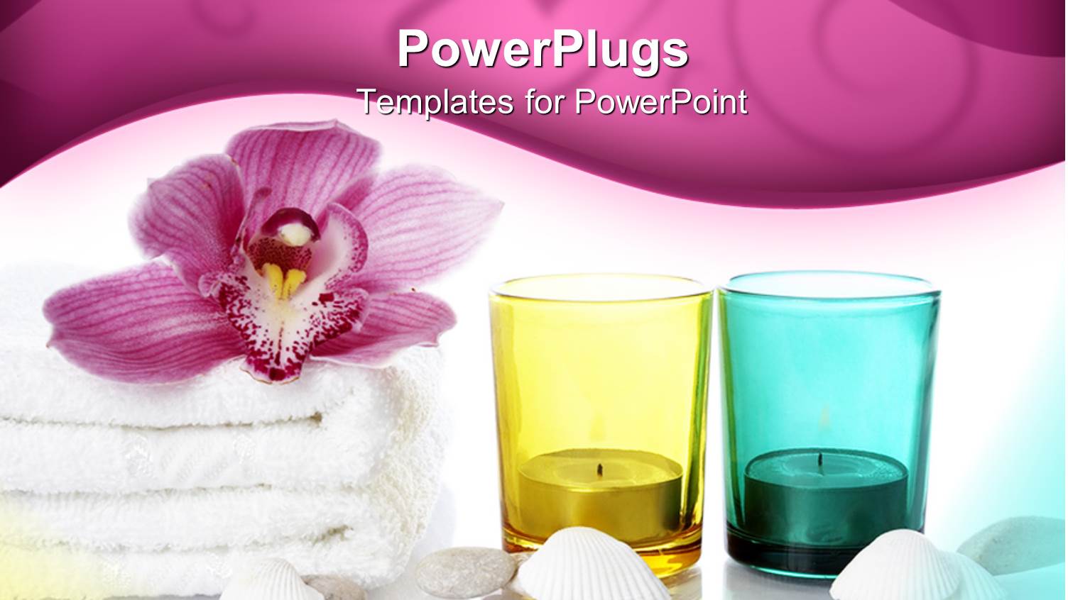 Candles in Yellow and Blue Glass Cups with Flower on White Towel