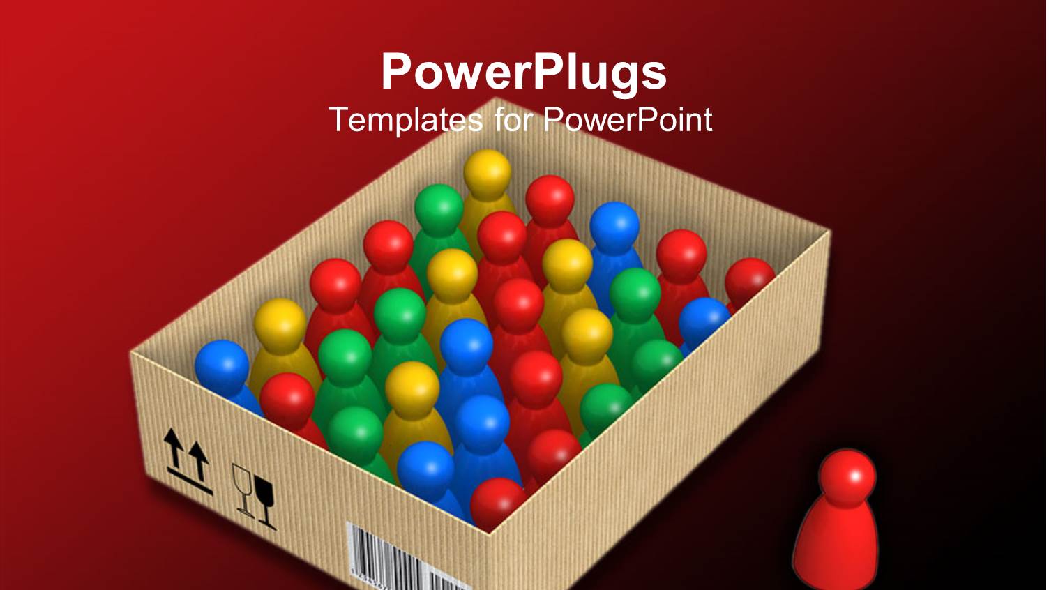 Cardboard Box Filled with Colorful Pawns and Red Pawn Standing Outside the Box