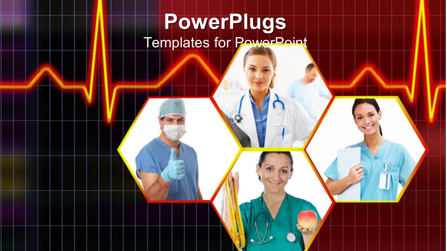 Cardiogram Behind Healthcare Professionals in Hexagons