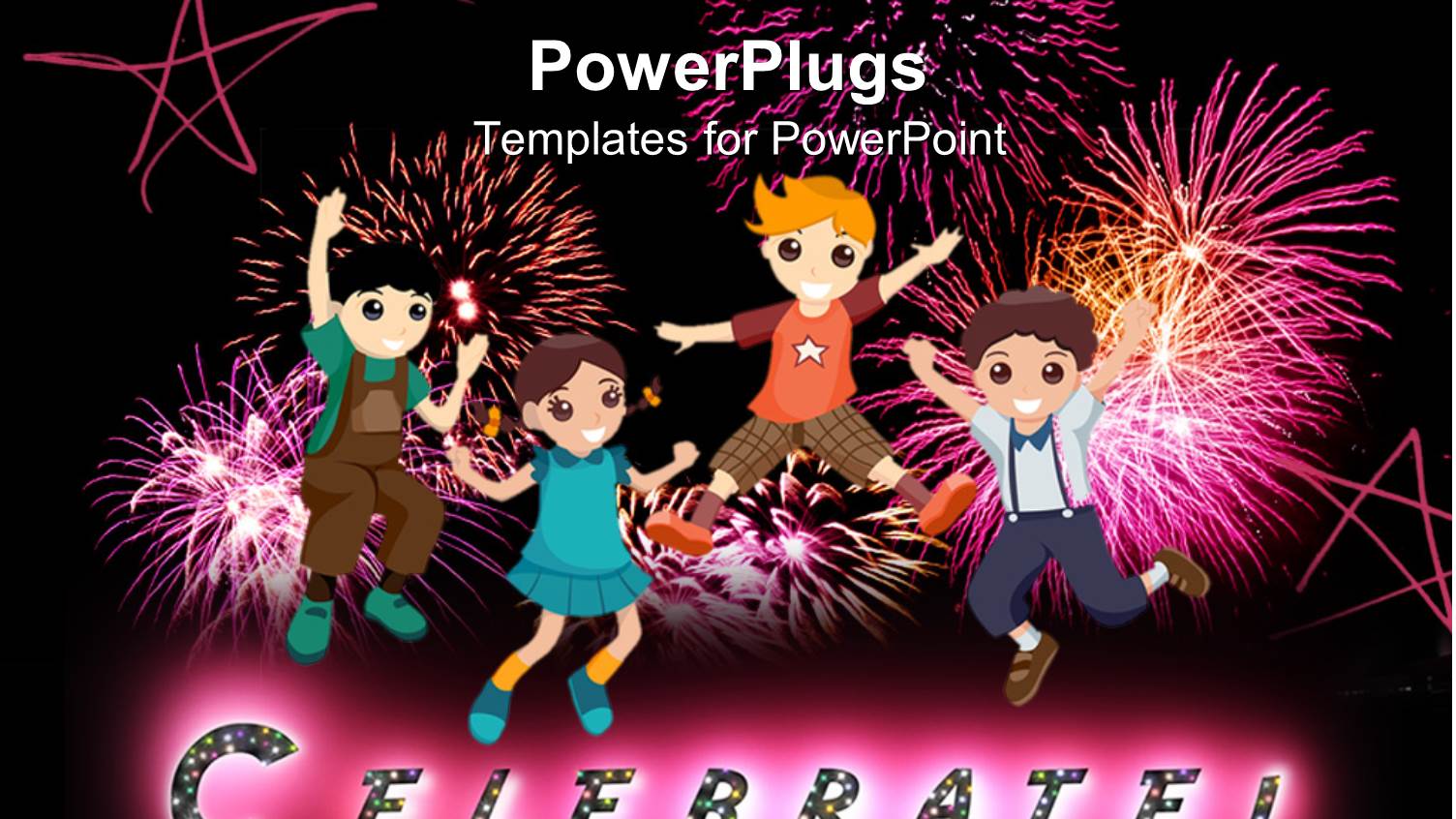 Cartoon Children Jumping with Fireworks, Stars, Celebrate