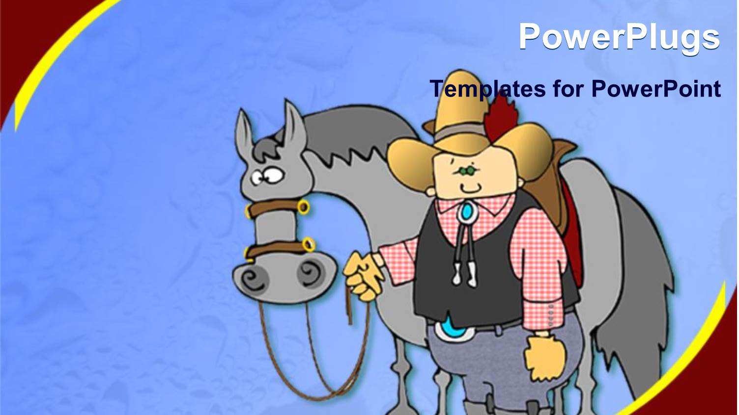 Cartoon of Cowboy with his Gray Horse on Blue Background