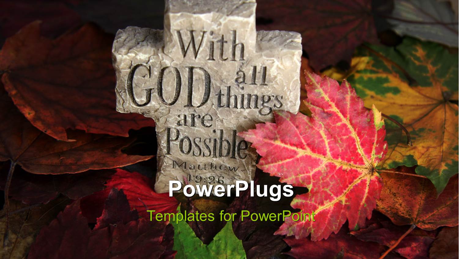 Carved Cross Out of Rock in Autumn Leaves with Religious Saying Engraved 