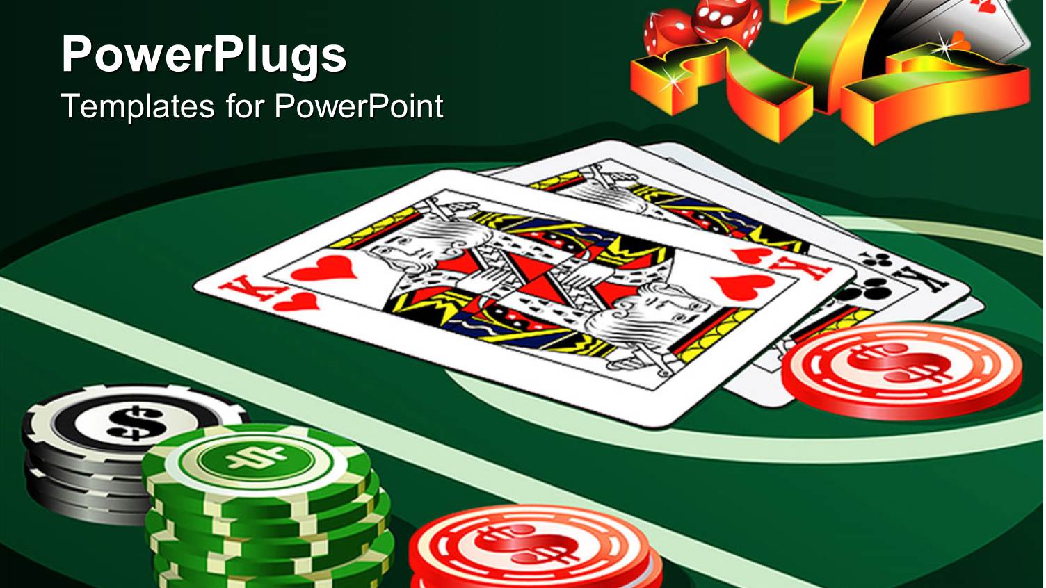 Casino Theme with Casino Table, Poker Playing Cards, Poker Chips, Sevens and Dice
