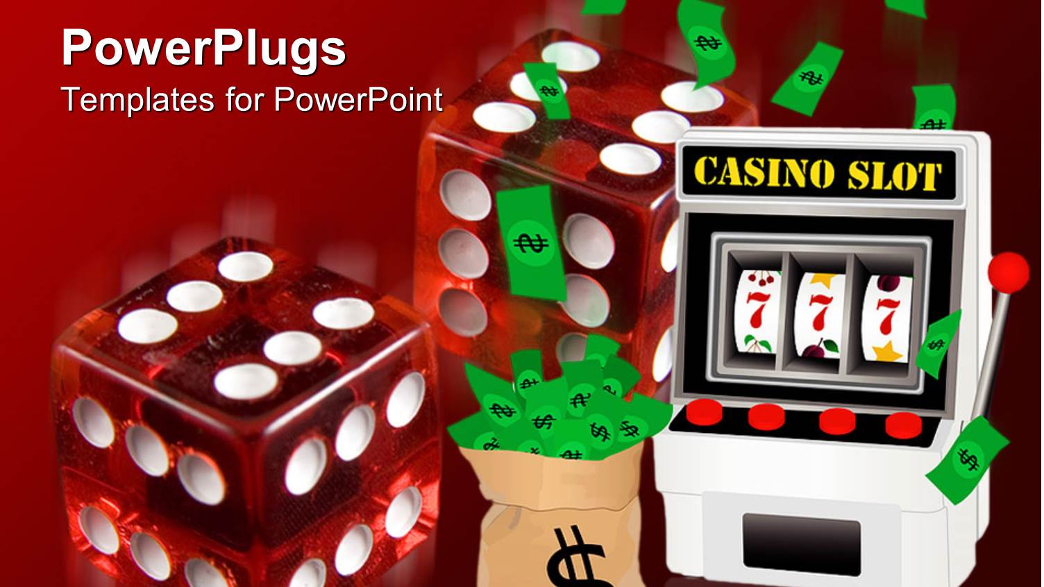 Casino Theme with Two Transparent Red Dice, Slot Machine and Sack of Money