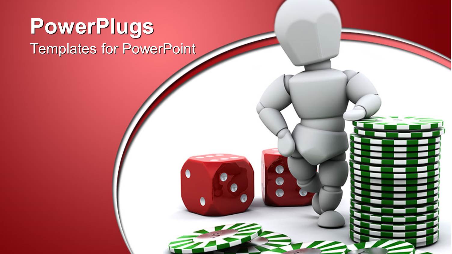 Casino Theme with White 3D Figure Two Red Dice and Green Casino Chips