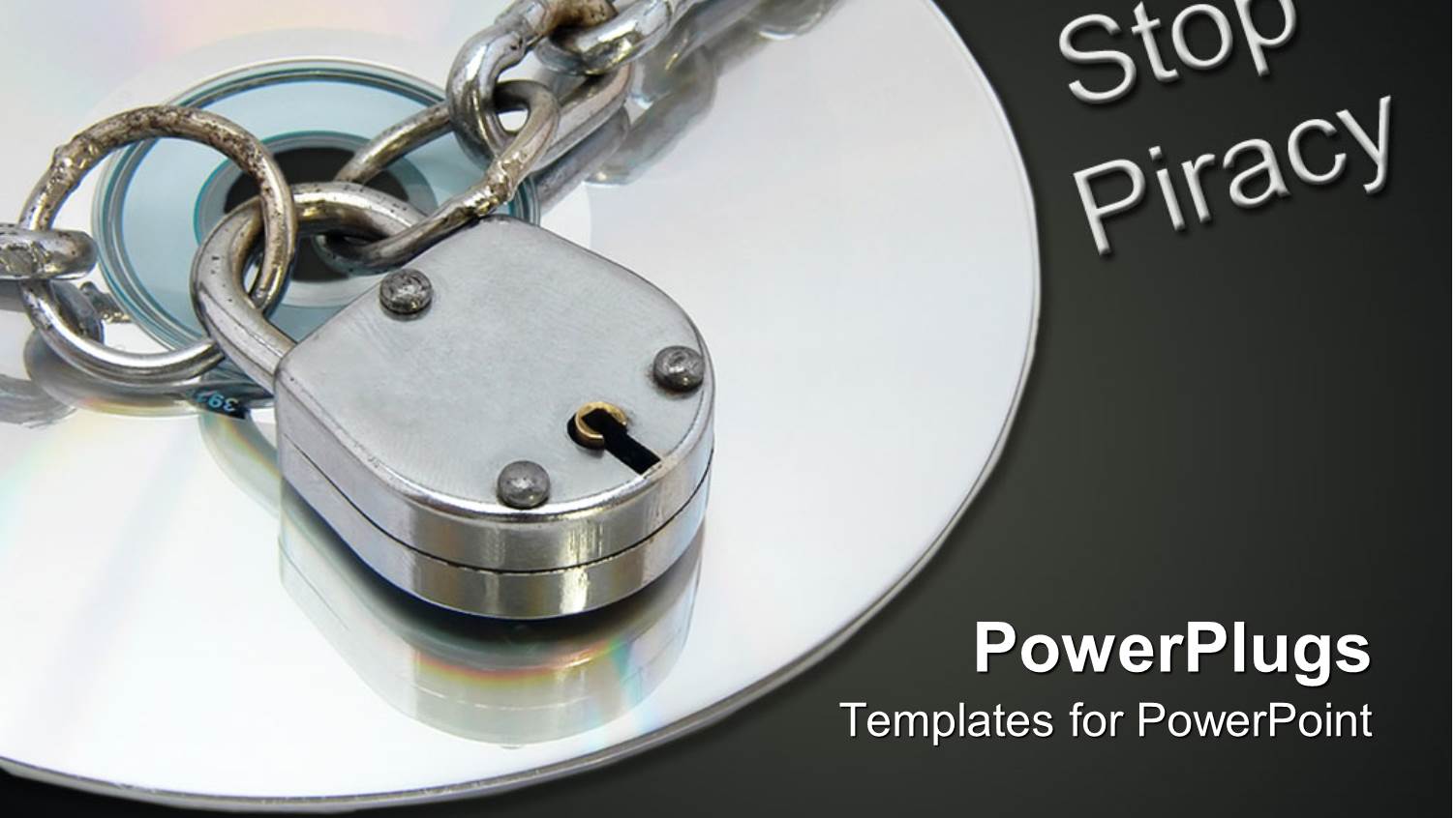 CD Surrounded by Silver Chain Lock and Words Stop Piracy on Black Background