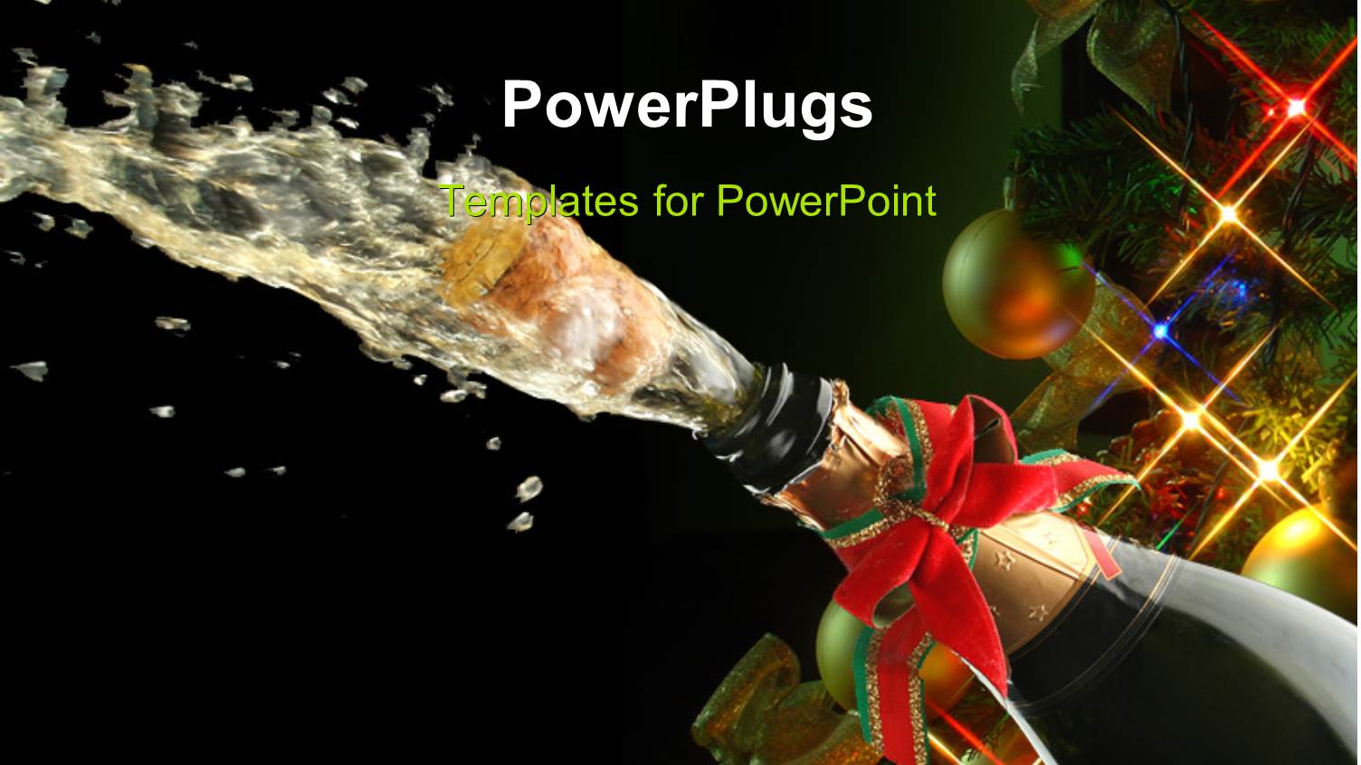 Champagne Splash, Bottle and Cork with Christmas Decoration with Christmas Balls and Lights