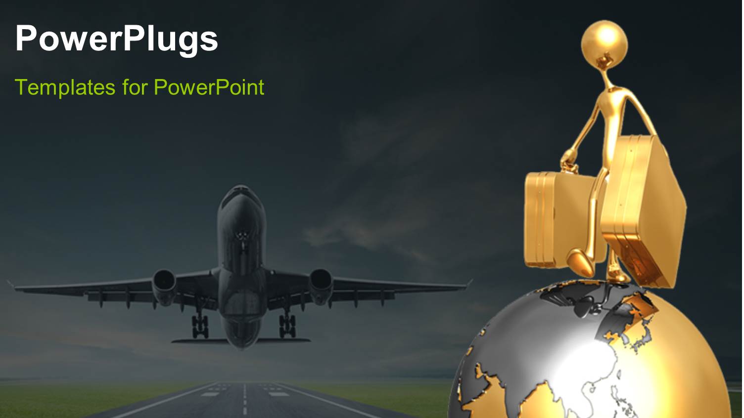 a Character Standing on an Earth Globe with his Luggage and an Airplane