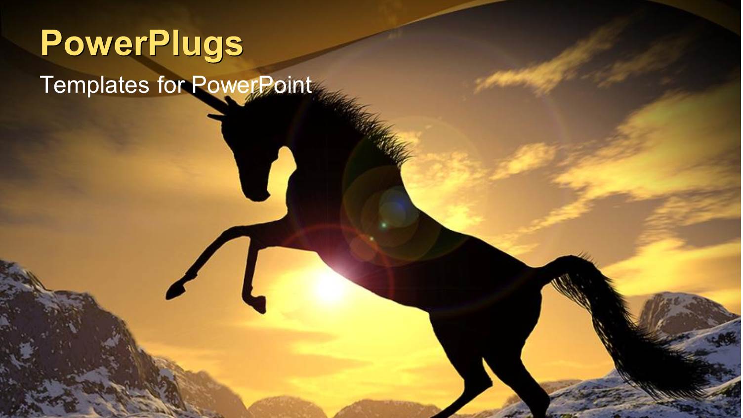 Charging Black Unicorn on White Sand and Sunset Background