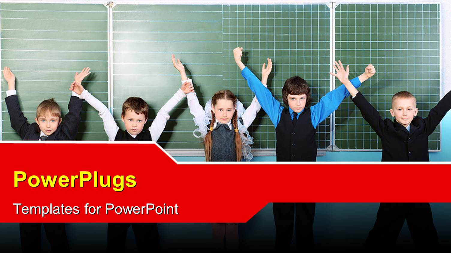 Cute little Kids Raise Hands in Classroom with Chalkboard in Background