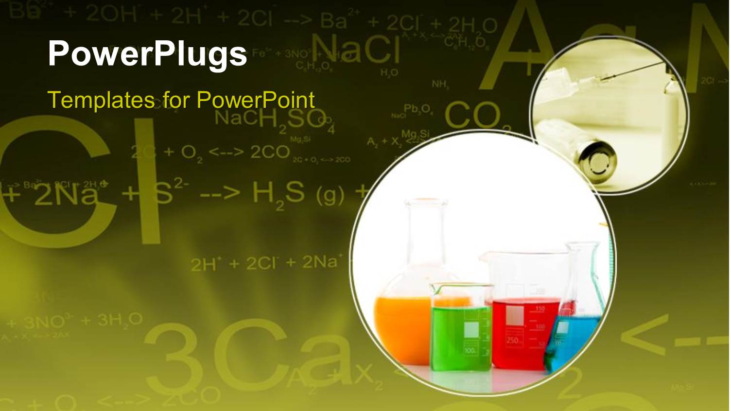 Chemical Equations and Formulas on Chalkboard with Colored Solutions in Flasks and Beakers