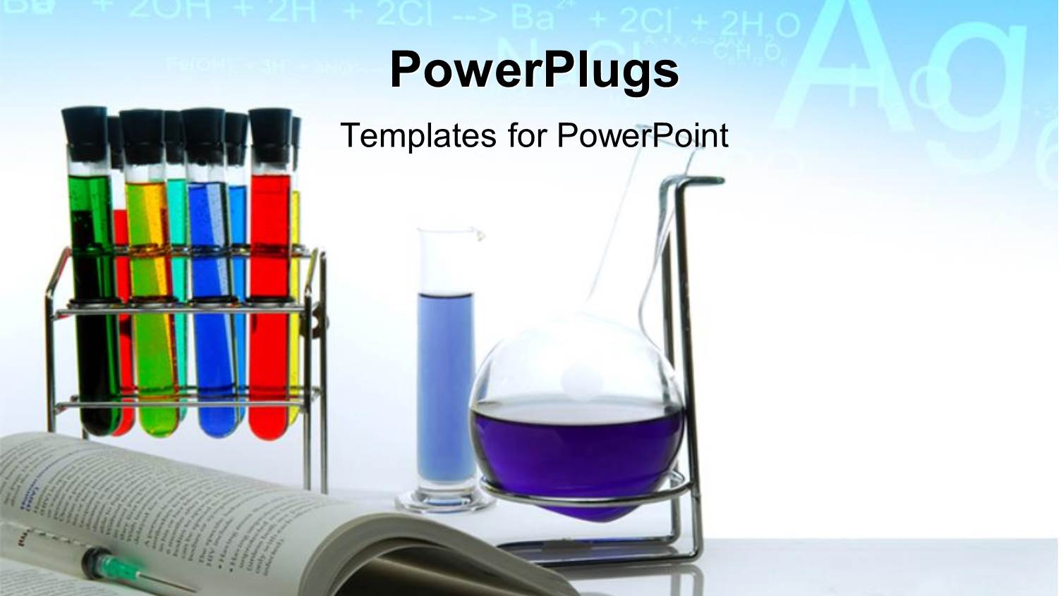 Chemistry Theme with a Book, Flask and Laboratory Tubes with Chemical Formulas in Background