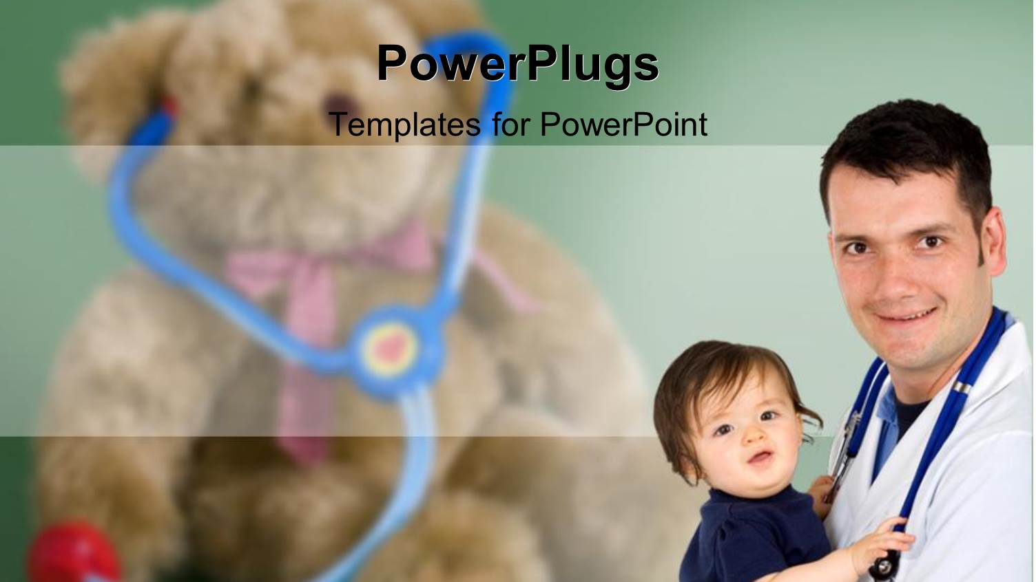 Child Care with Doctor with Stethoscope Around Neck Holding a Baby in his Arms, with Blurred Teddy Bear Wearing Toy