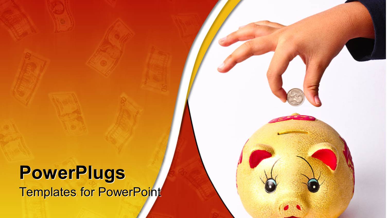 Child Hand Inserting Money Coin into Piggy Bank on White Background and Money Bills Fading in Gradient Red to Yellow