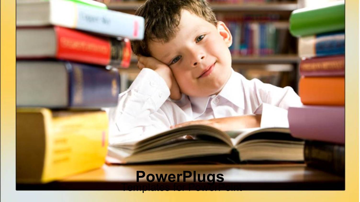 Child Leaning Leaning Head on Hand, Stacks of Books, Education, Studying, Homework, School, Library