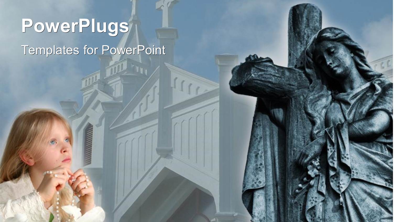 Child Praying with Rosary Beads and Easter Lily, Cross Statue and Church, Christianity, Religion