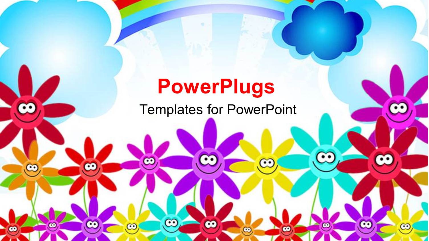 Childish Representation of Colorful Flowers and Rainbow in the Sky