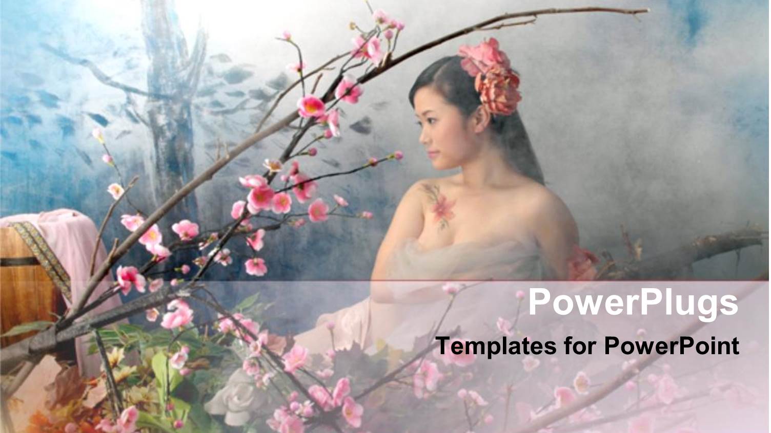 a Chinese Girl with Flowers and Smoke in the Background