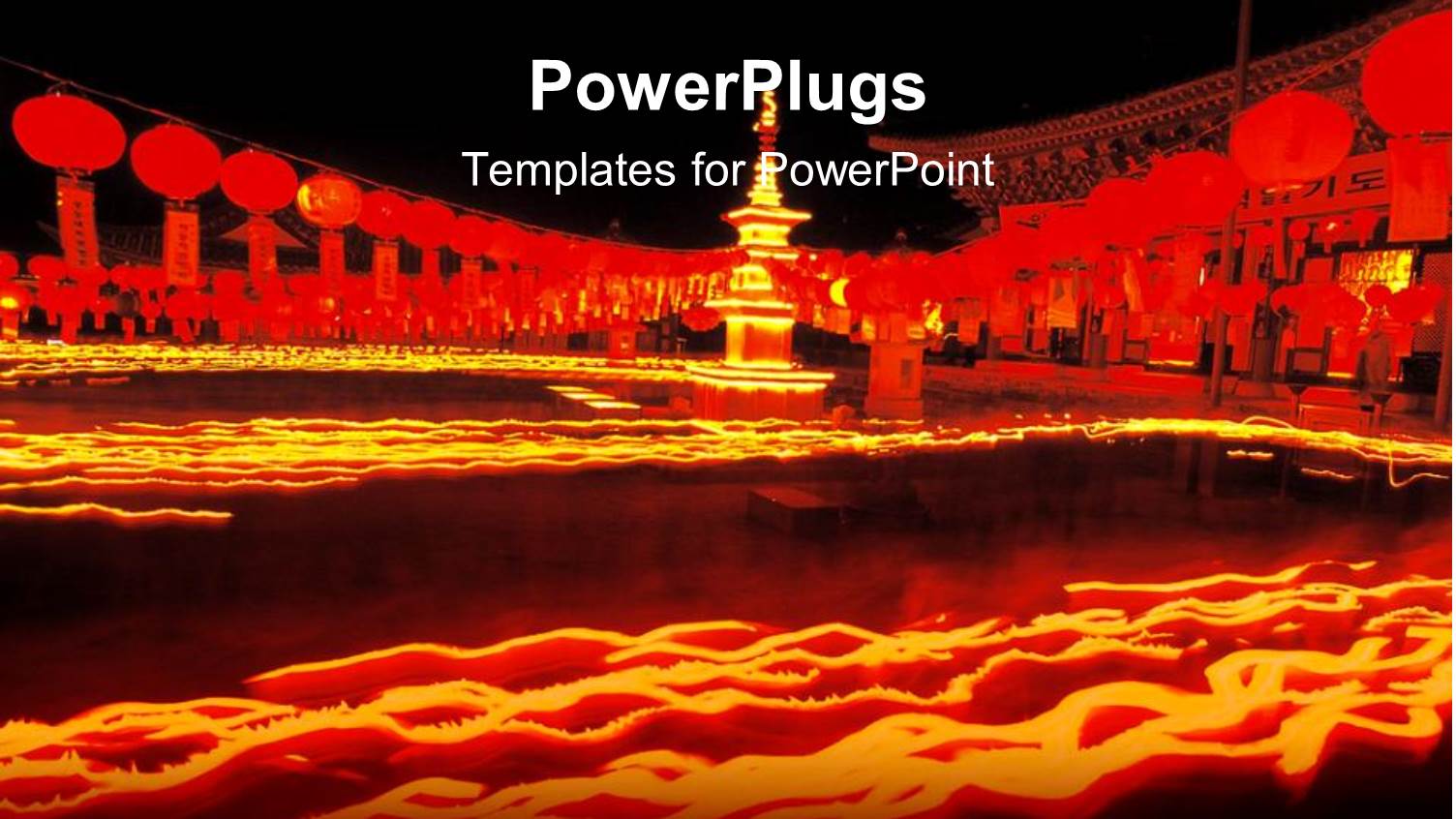 Chinese Oriental Theme with Oriental Buildings and Chinese Lamps on Yellow, Orange and Red with Black Background