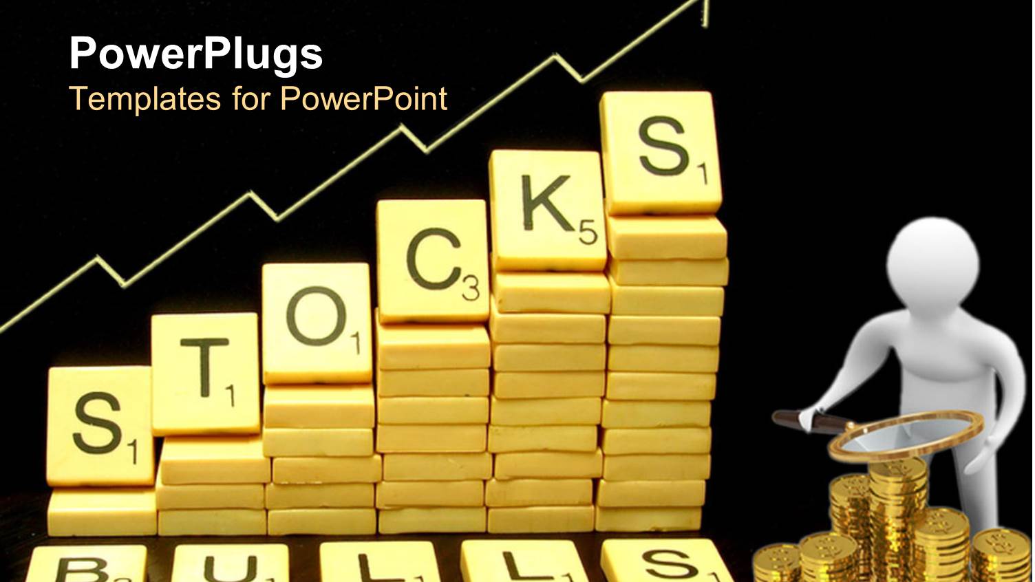 Chips with Letters Spelling STOCKS Next to Man with Magnifying Lens