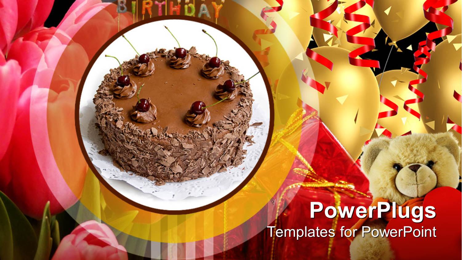 Chocolate Birthday Cake with Roses, Balloons,and  Teddy Bear