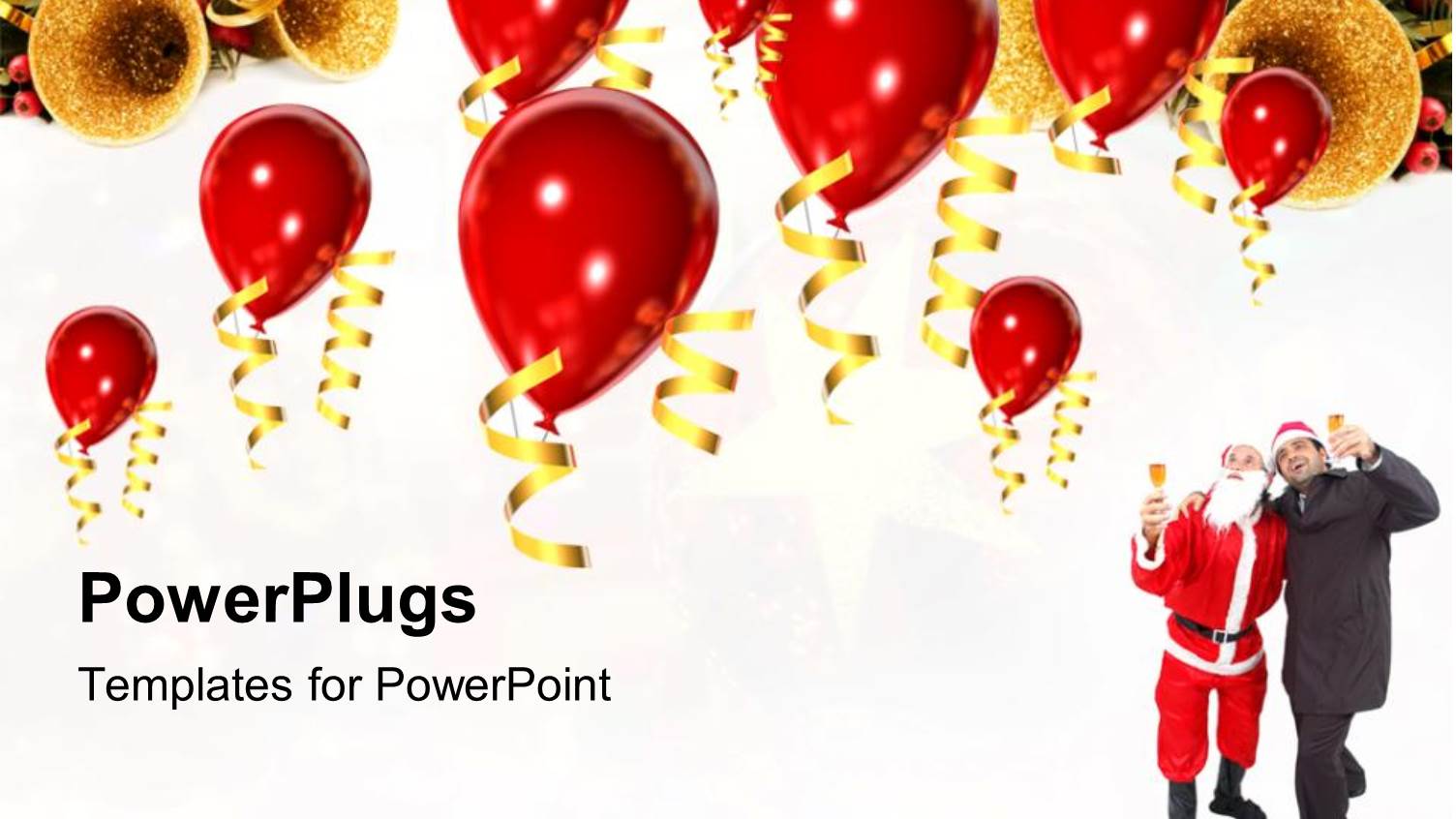 Christmas Celebration Theme with Red Balloons, Pine Needles, Gold Bells, Santa and Man Toasting Champagne