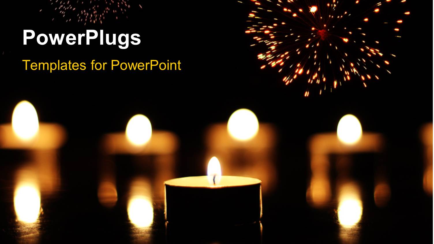 Christmas Depiction with Lighted Candles and Fireworks in Night Sky