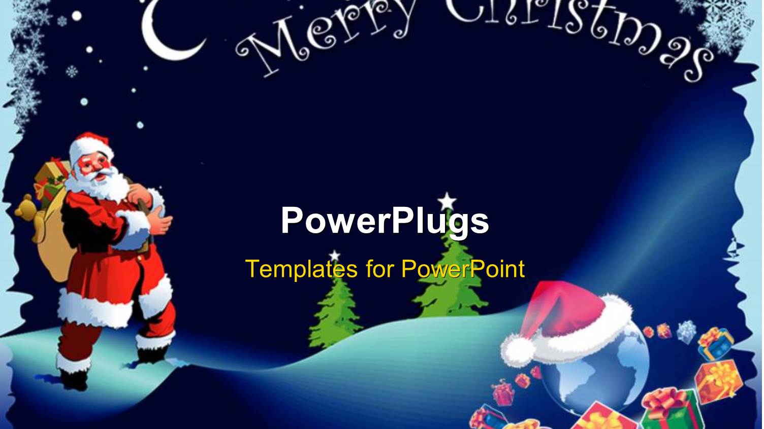 Christmas Depiction with Santa Claus Carrying Gift Bag and Snow Flakes 