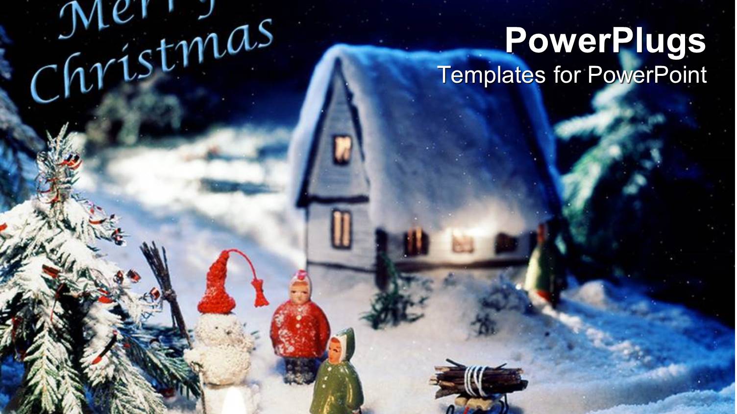 Christmas Depiction with Snow Over House and Christmas Tree