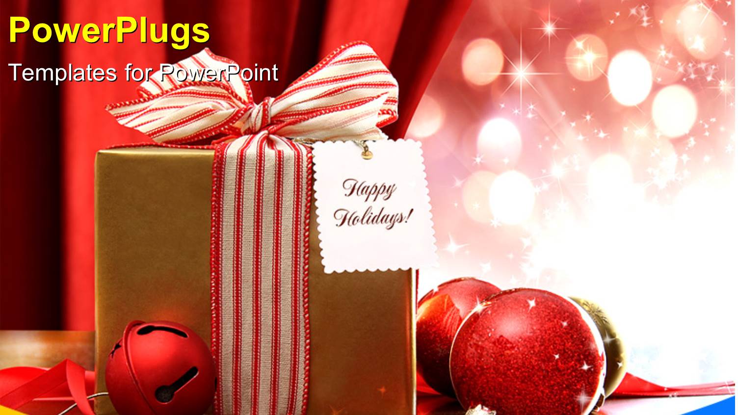 Christmas Gift Box with Red Sparkling Ornaments and Card Reading Happy Holidays