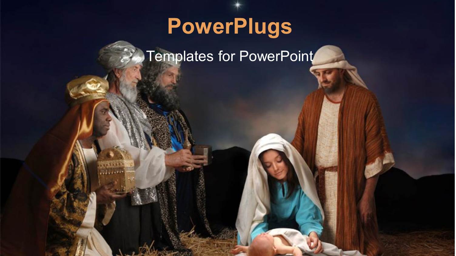 Christmas Nativity Scene with Wise Men Presenting Gifts to Baby Jesus Mary & Joseph