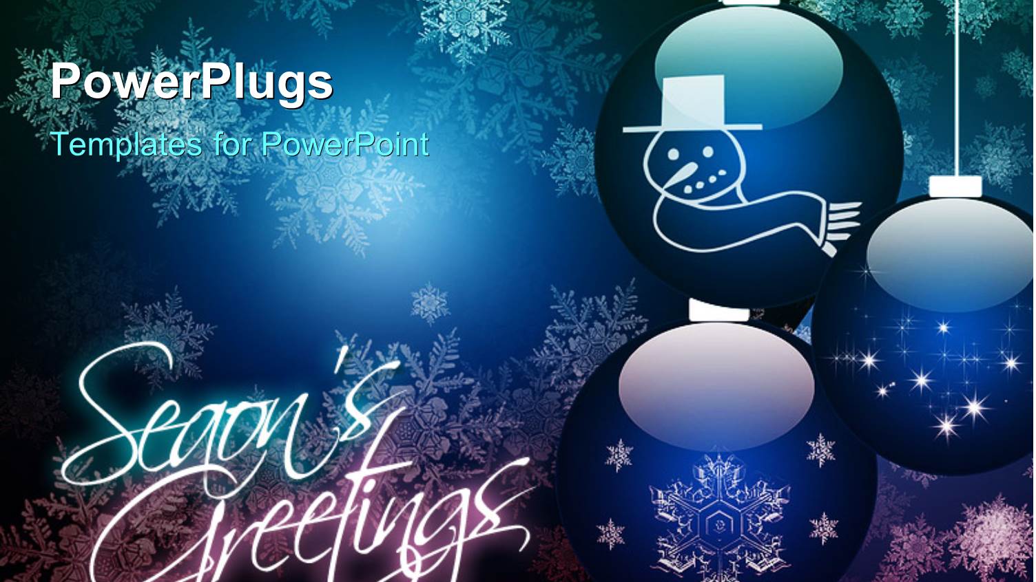 Christmas Season with Three Sparkling Ornaments and Snowflakes in Blue Background