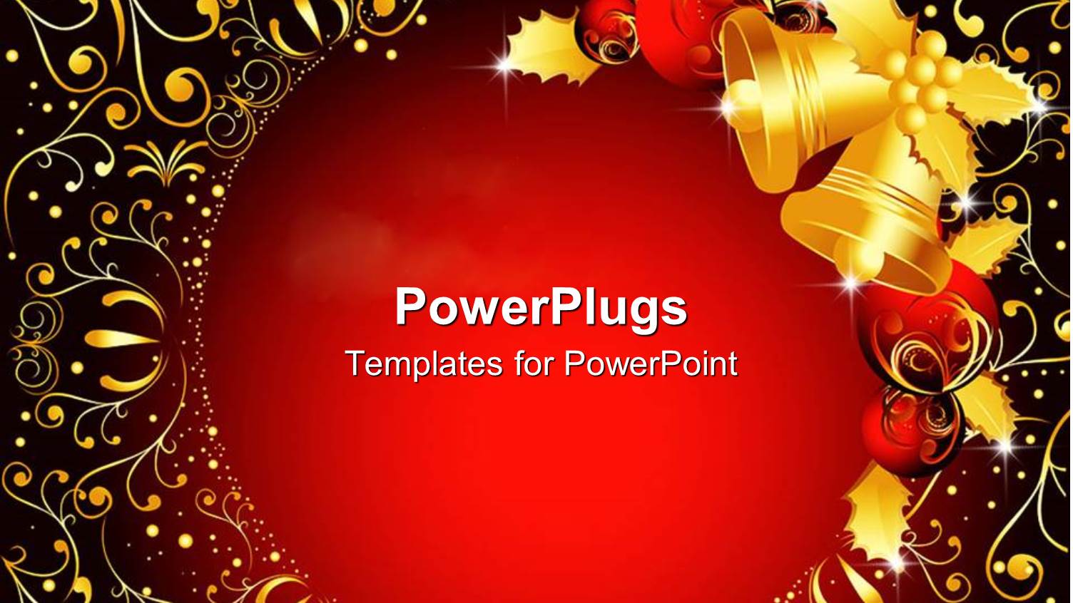 Christmas Theme with Golden Bells and Red Christmas Globes and Golden Mistletoes, with Golden Abstract Pattern on Red