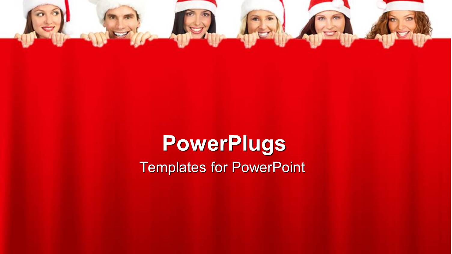 Christmas Theme with Group of Young People Wearing Red and White Christmas Santa Hats Holding Red Curtain Background