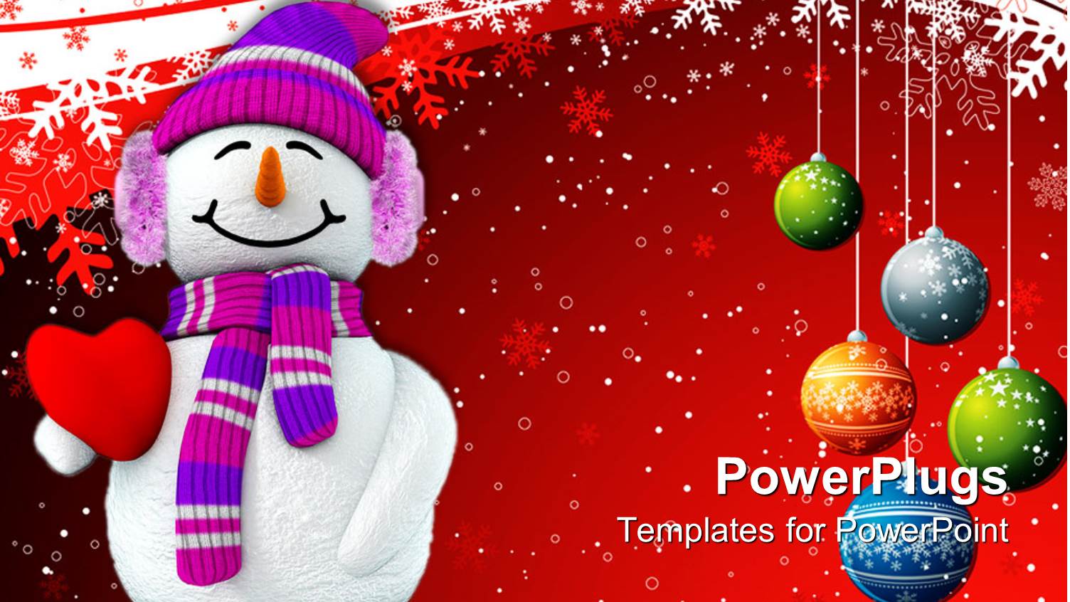 Christmas Theme with Happy Smiling Snowman Holding Red Heart and Christmas Decorations Colorful Balls Snowflakes on
