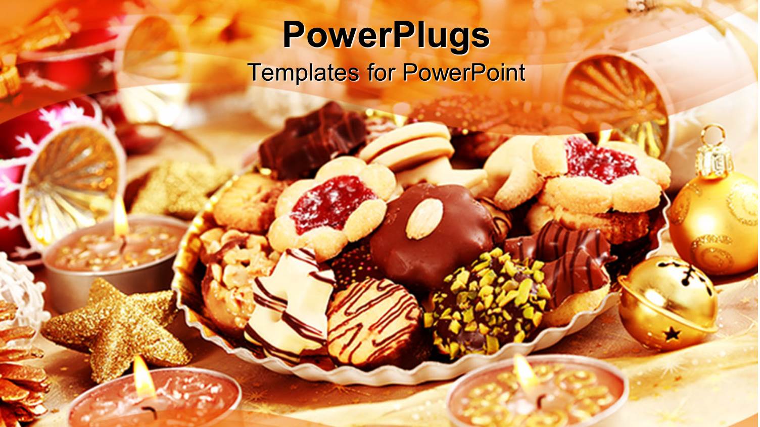 Christmas Theme with Laid Table Various Cookies and Christmas Balls with Burning Candles in Golden Tone Background