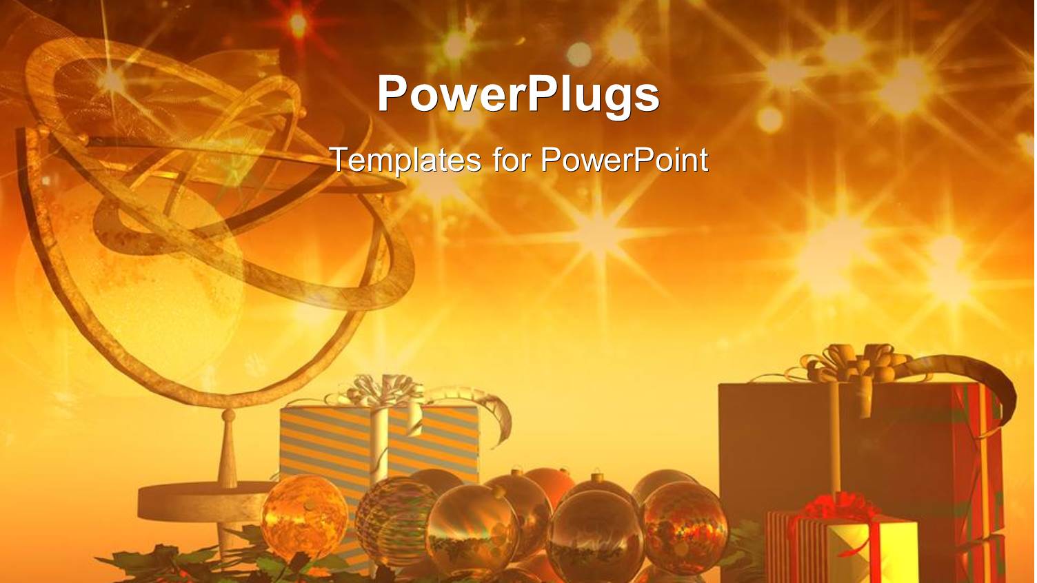 Christmas Theme with Presents, Ornaments and Gold Decoration, Twinkling Lights in Background