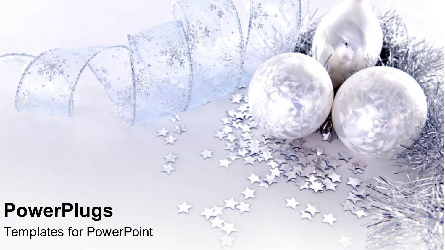 Christmas Theme with Silver White Christmas Balls Decorations, Stars, Swirled Ribbon