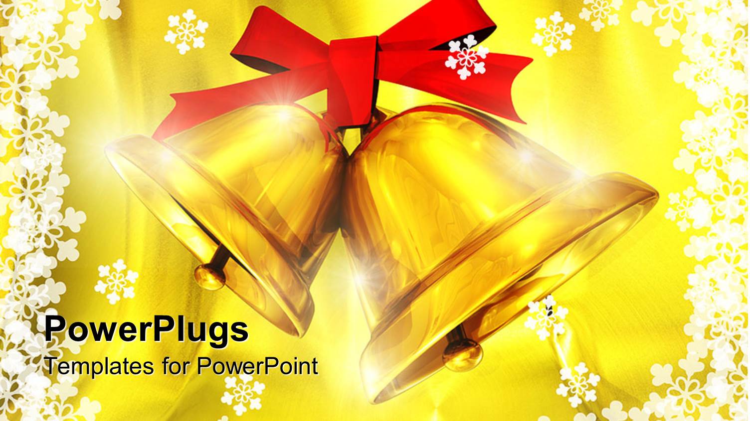 Christmas Theme with Two Yellow Bells Tied Together with Red Ribbon Yellow Background Framed by White Flowers and