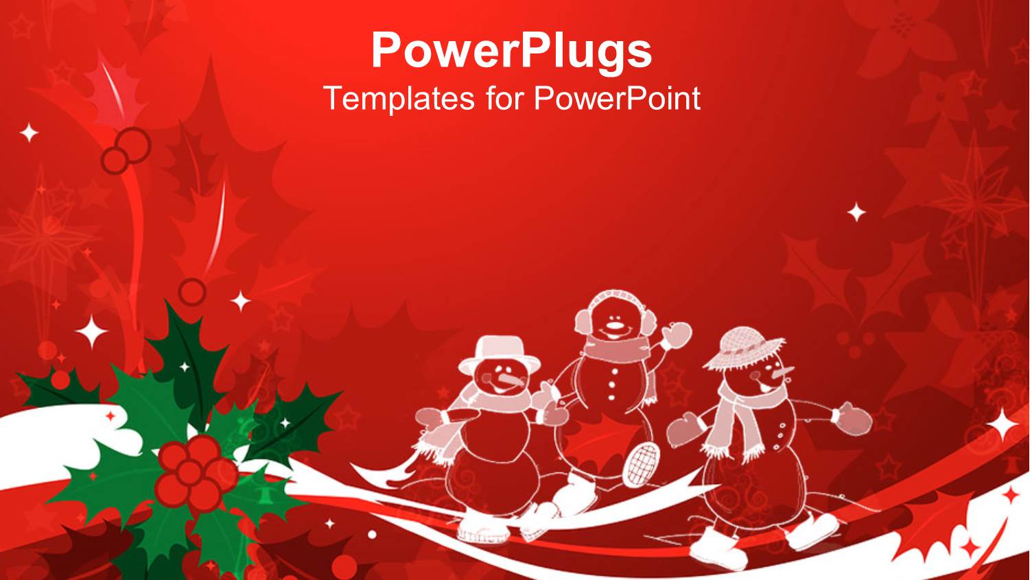 Christmas Theme with White Transparent Snowmen and Mistletoe on White and Red Waves on Red Floral Background