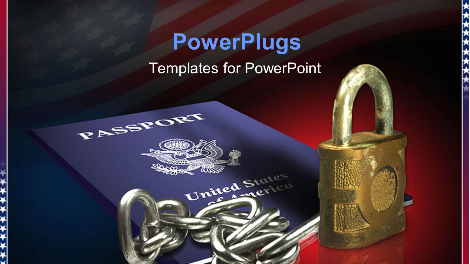 Chrome Chain, Padlock, United States Passport on Blurry American Flag
