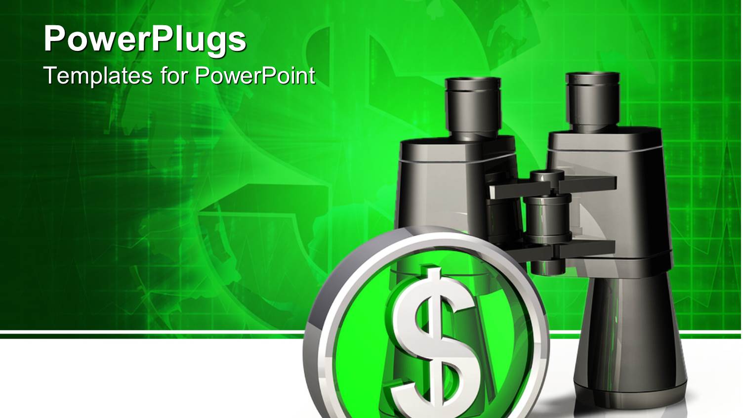 Chrome Dollar Sign with Black Binoculars on Green and White Background 